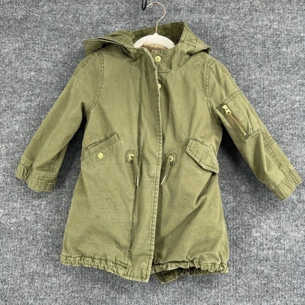 Baby Gap Girls 3T Olive Green Coat Anorak Hooded Heavyweight Removable Fur Vest